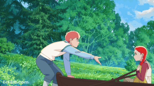 A Boy And A Girl Are Standing In A Boat And The Boy Is Pointing At The Girl GIF