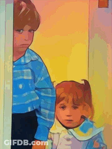 A Boy And A Girl Are Standing In A Doorway GIF