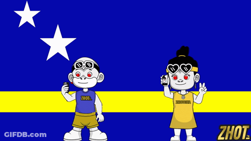 A Boy And A Girl Are Standing In Front Of A Blue And Yellow Flag That Says Zhout On It GIF