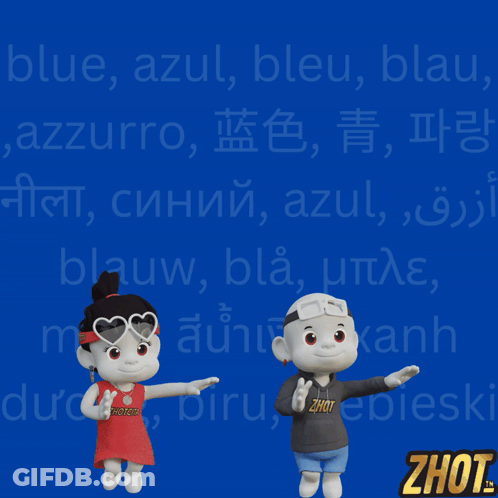 A Boy And A Girl Are Standing In Front Of A Blue Background That Says Blue Azul Bleu GIF