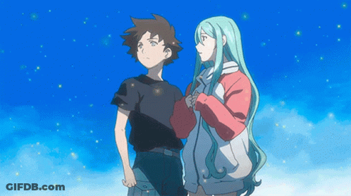A Boy And A Girl Are Standing In Front Of A Blue Sky With Stars GIF