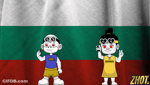 A Boy And A Girl Are Standing In Front Of A Bulgarian Flag And The Girl Is Wearing A Shirt That Says Zhot GIF