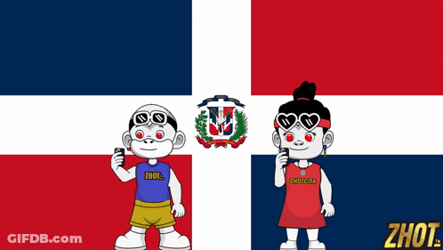 A Boy And A Girl Are Standing In Front Of A Dominican Flag And Their Shirts Say Zhot GIF