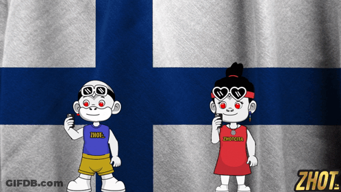 A Boy And A Girl Are Standing In Front Of A Finland Flag And The Girl Is Wearing A Shirt That Says Zhot GIF