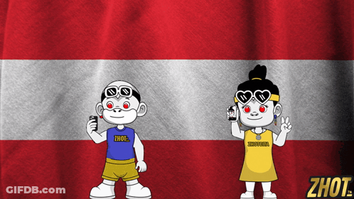 A Boy And A Girl Are Standing In Front Of A Flag And The Girl Is Wearing A Shirt That Says Zhot GIF