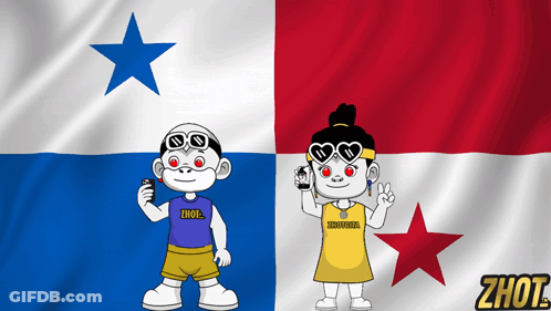 A Boy And A Girl Are Standing In Front Of A Flag That Says ' Zhot ' On It GIF