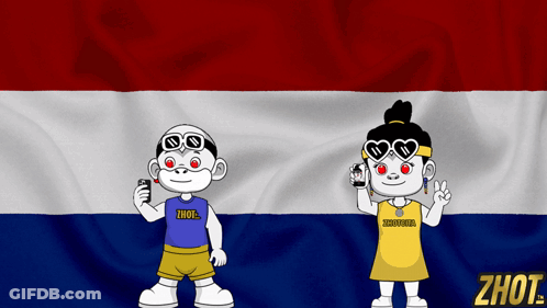 A Boy And A Girl Are Standing In Front Of A Flag With The Word Shot On It GIF