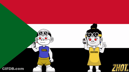 A Boy And A Girl Are Standing In Front Of A Flag With The Word Zhou On The Bottom GIF