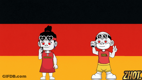 A Boy And A Girl Are Standing In Front Of A German Flag And Their Shirts Say Zhout GIF