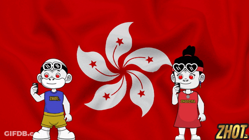 A Boy And A Girl Are Standing In Front Of A Hong Kong Flag And The Girl Is Wearing A Shirt That Says Zhot GIF