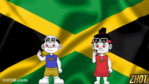 A Boy And A Girl Are Standing In Front Of A Jamaican Flag And The Girl Is Wearing A Shirt That Says Zhot GIF