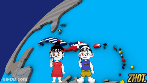 A Boy And A Girl Are Standing In Front Of A Map Of The World And The Word Zhot Is On The Bottom GIF