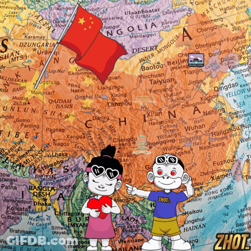 A Boy And A Girl Are Standing In Front Of A Map With Zhuo Written On It GIF