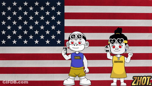 A Boy And A Girl Are Standing In Front Of An American Flag And The Girl Is Wearing A Shirt That Says Zhout GIF