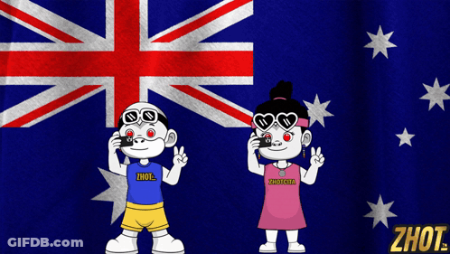 A Boy And A Girl Are Standing In Front Of An Australian Flag And The Girl Is Wearing A Shirt That Says Zhout GIF