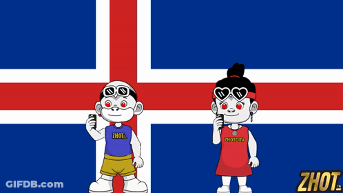A Boy And A Girl Are Standing In Front Of An Icelandic Flag And The Girl Is Wearing A Shirt That Says Zhot GIF