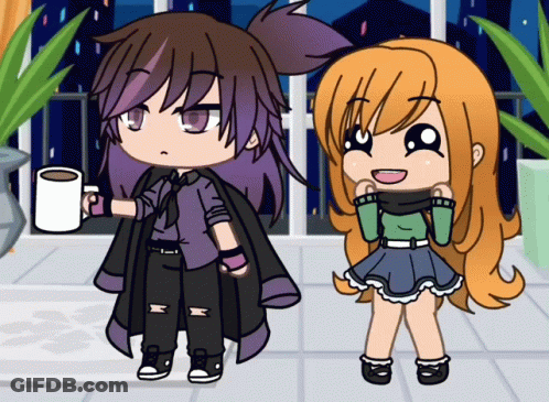 A Boy And A Girl Are Standing Next To Each Other And The Boy Is Holding A Cup Of Coffee GIF