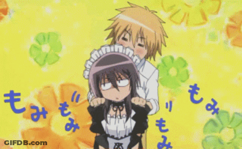 A Boy And A Girl Are Standing Next To Each Other And The Girl Has A Maid Hat On Her Head GIF