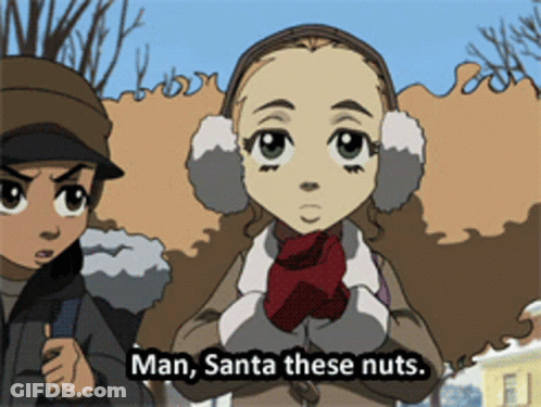 A Boy And A Girl Are Standing Next To Each Other And The Girl Is Saying " Man Santa These Nuts " GIF