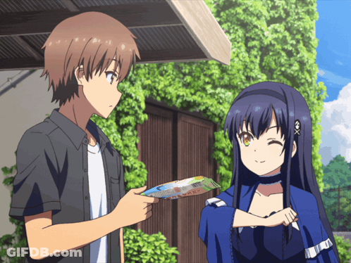 A Boy And A Girl Are Standing Next To Each Other And The Girl Is Wearing A Blue Kimono GIF