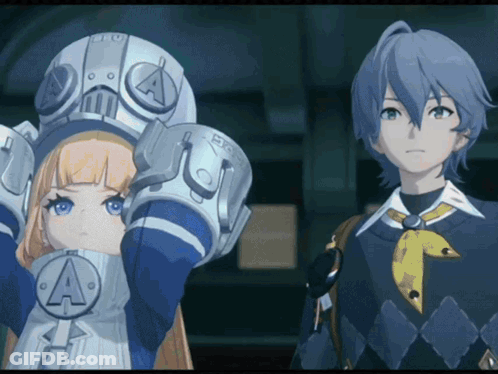 A Boy And A Girl Are Standing Next To Each Other And The Girl Is Wearing A Helmet That Says A On It GIF