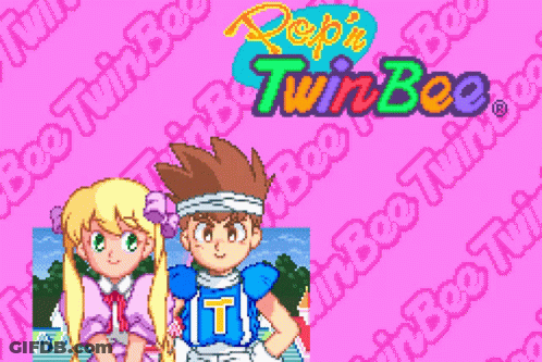 A Boy And A Girl Are Standing Next To Each Other And The Words Twin Bee Twin Bee GIF