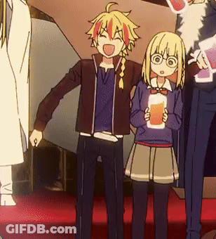 A Boy And A Girl Are Standing Next To Each Other Holding Drinks GIF