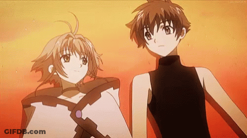 A Boy And A Girl Are Standing Next To Each Other Holding Hands In Front Of A Red Background . GIF