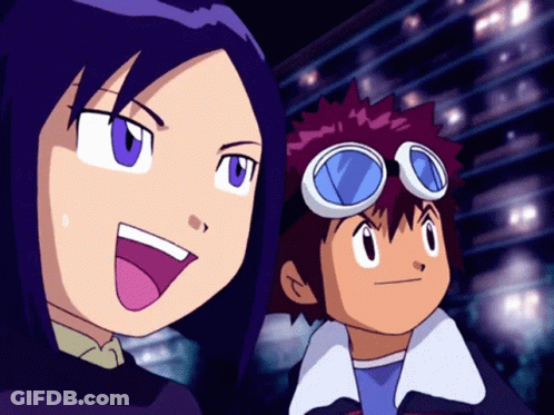 A Boy And A Girl Are Standing Next To Each Other In A Cartoon GIF