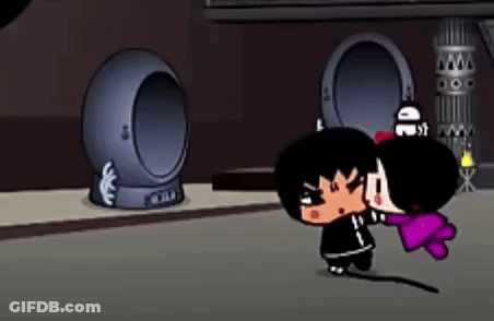 A Boy And A Girl Are Standing Next To Each Other In A Room In Front Of A Door . GIF