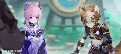 A Boy And A Girl Are Standing Next To Each Other In A Video Game And Talking To Each Other . GIF