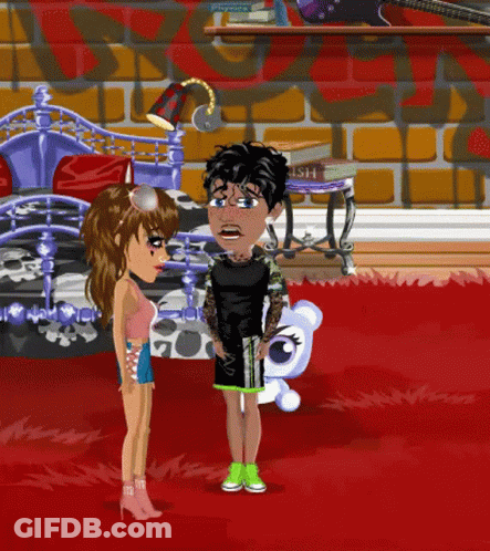 A Boy And A Girl Are Standing Next To Each Other In Front Of A Shelf With A Book Titled Physics GIF