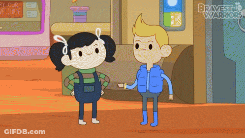 A Boy And A Girl Are Standing Next To Each Other In Front Of A Sign That Says " Brave Star Warriors " GIF