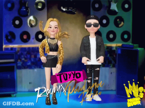A Boy And A Girl Are Standing Next To Each Other In Front Of A Sign That Says Tuyyo GIF
