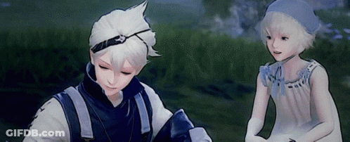 A Boy And A Girl Are Standing Next To Each Other In The Grass GIF