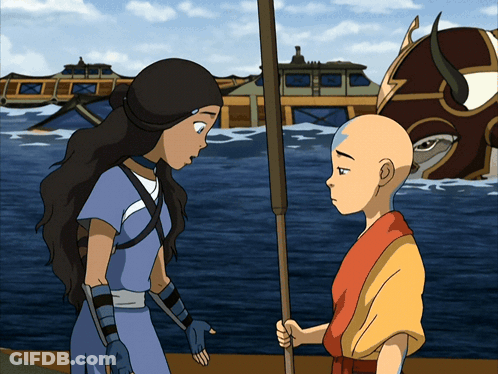 A Boy And A Girl Are Standing Next To Each Other On A Boat In The Water GIF