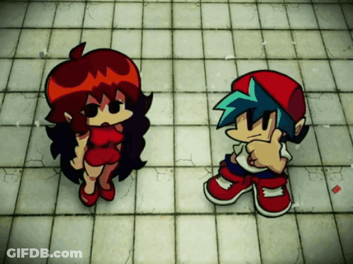 A Boy And A Girl Are Standing Next To Each Other On A Tile Floor GIF