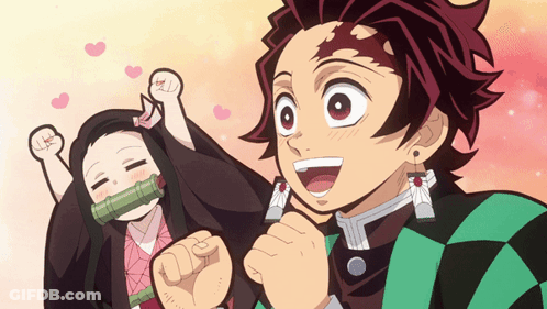 A Boy And A Girl Are Standing Next To Each Other With Hearts Flying Around Them GIF