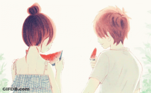 Boy And Girl Standing With Watermelon GIF
