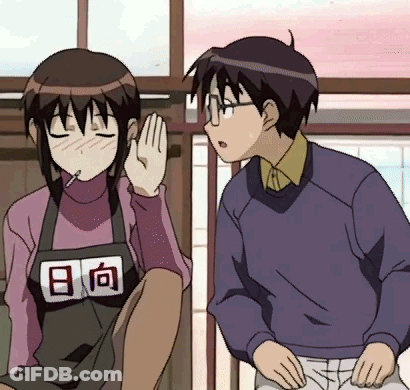 A Boy And A Girl Are Standing Next To Each Other With The Girl Wearing An Apron With Chinese Characters GIF