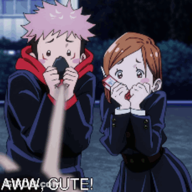 A Boy And A Girl Are Standing Next To Each Other With The Words Aww Cute Written On The Bottom GIF