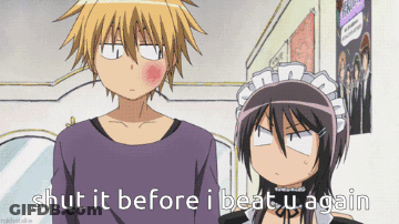 A Boy And A Girl Are Standing Next To Each Other With The Words Shut It Before I Beat U Again On The Bottom GIF