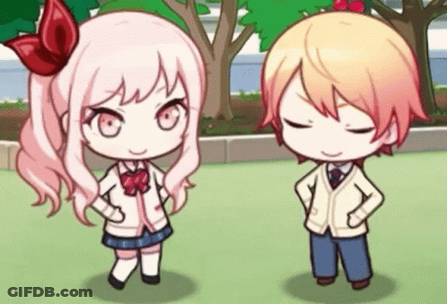 A Boy And A Girl Are Standing Next To Each Other With Their Hands On Their Hips In A Park . GIF