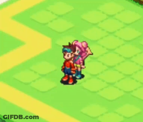 A Boy And A Girl Are Standing On A Green Field In A Video Game . GIF