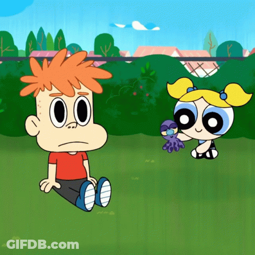 A Boy And A Girl From The Powerpuff Girls Are Sitting In A Park GIF