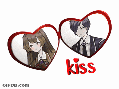 A Boy And A Girl In A Heart Shaped Frame With The Word Kiss Below Them GIF