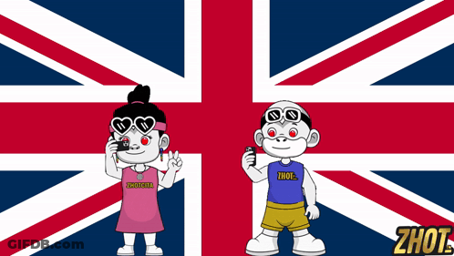 A Boy And A Girl Standing In Front Of A British Flag With Zhot Written On The Bottom GIF