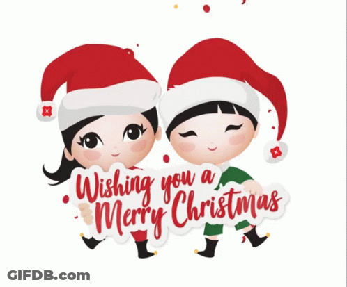 A Boy And A Girl Wearing Santa Hats Are Holding A Sign That Says Wishing You A Merry Christmas GIF