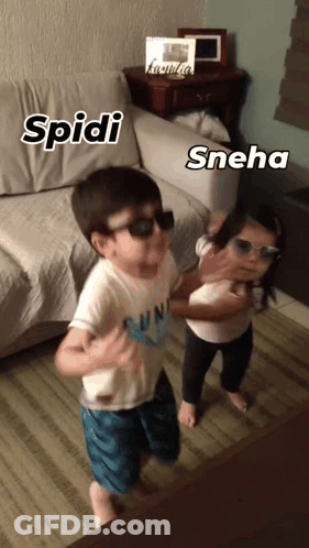 A Boy And A Girl Wearing Sunglasses Are Dancing In Front Of A Couch With The Name Spidi And Sneha Written On Them GIF