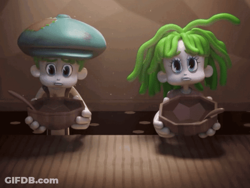 A Boy And A Girl With Green Hair Holding Bowls Of Food GIF
